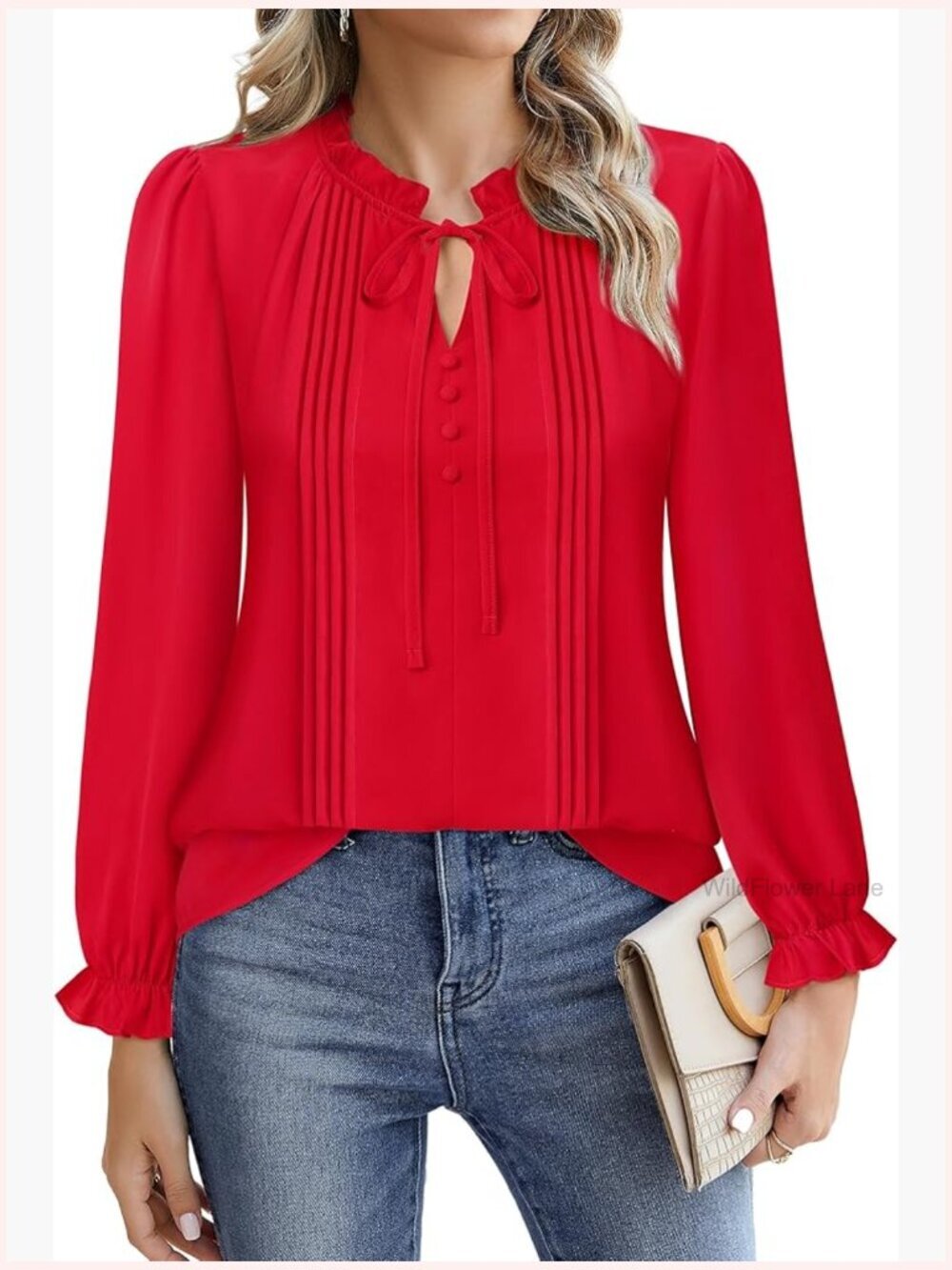 Long Sleeve Chiffon Blouse Ruffled V-Neck Work Top